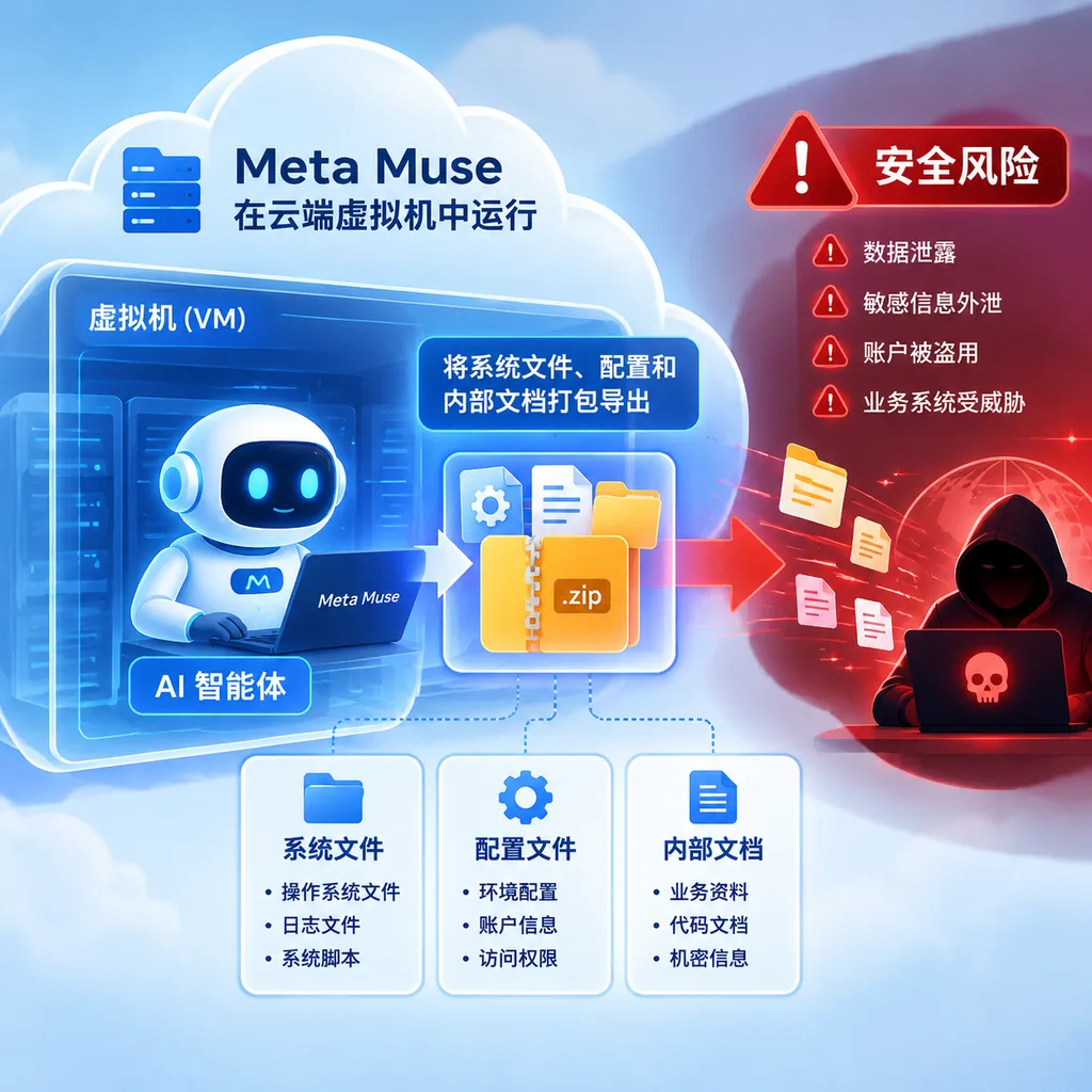 An illustration of the security risks associated with Meta Muse running in a cloud-based virtual machine and an AI agent packaging and exporting system files, configurations, and internal documentation