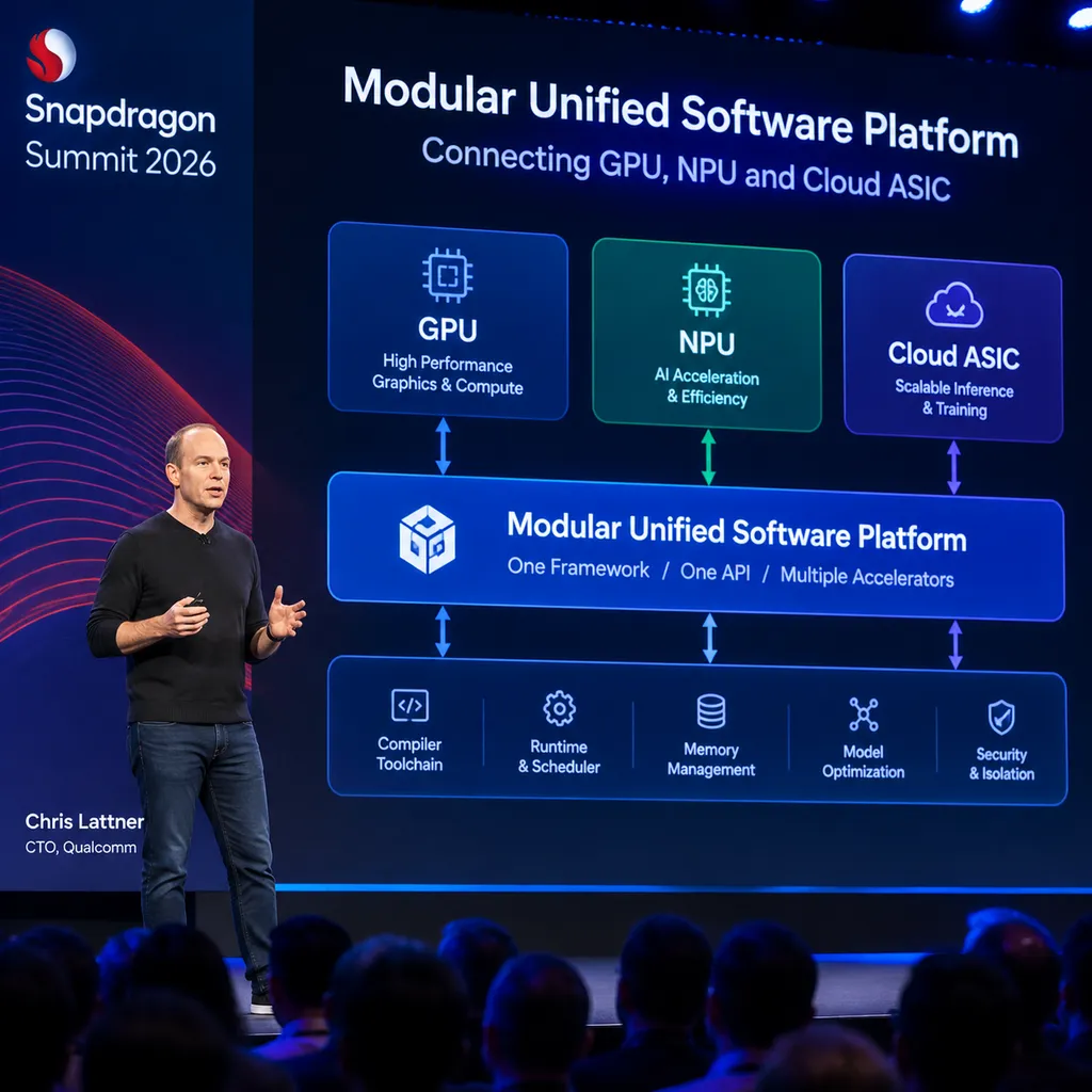 At the 2026 Snapdragon Summit, Chris Lattner presents a diagram of the Modular unified software platform connecting GPUs, NPUs, and cloud ASICs