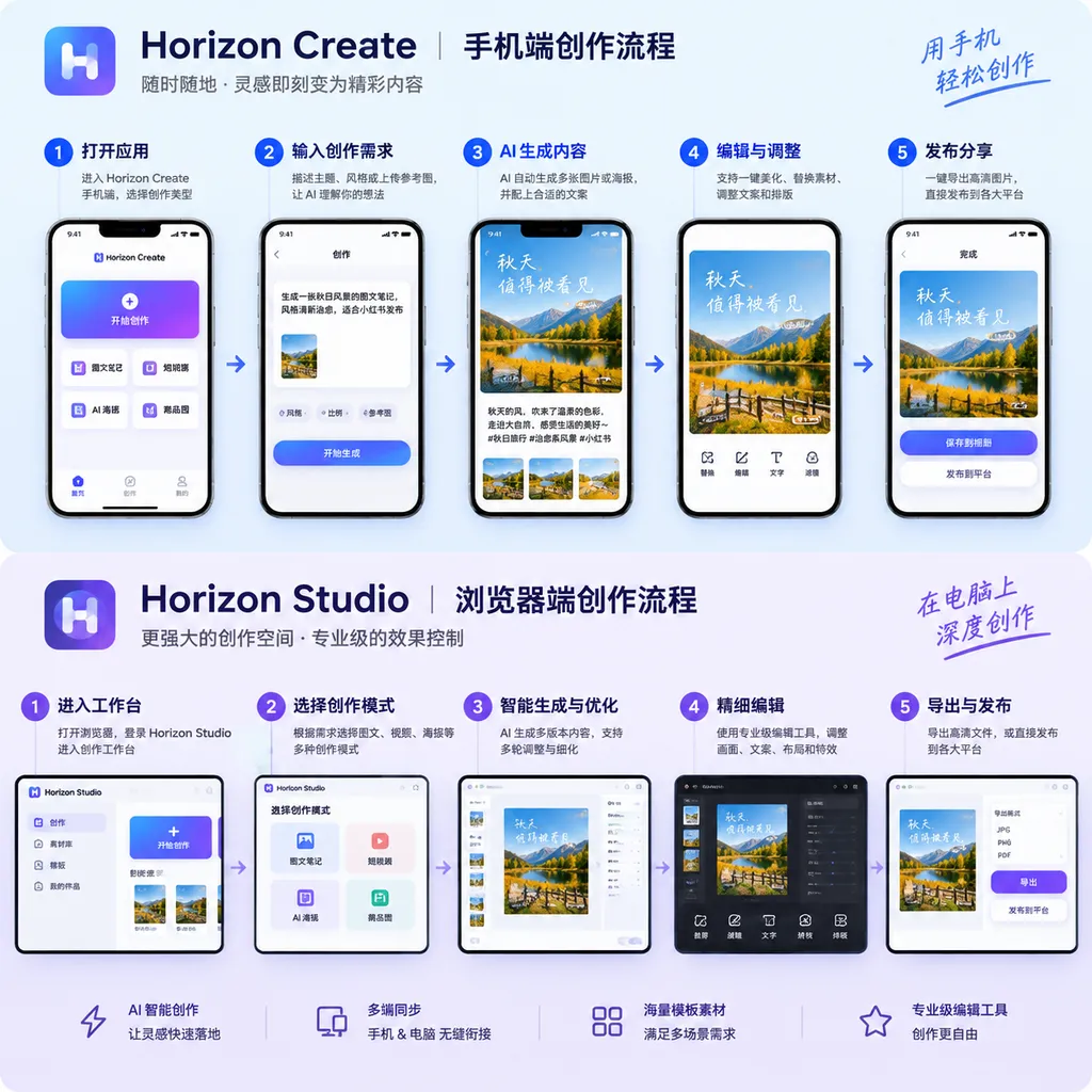 An illustration of the game creation workflow across Horizon Create on mobile and Horizon Studio in the browser
