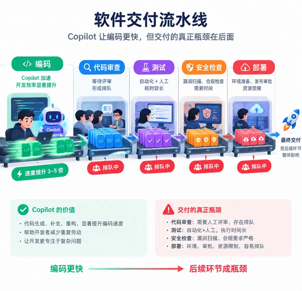 一条软件交付流水线示意图,编码环节因 Copilot 明显加速,但代码审查、测试、安全检查和部署环节出现排队瓶颈