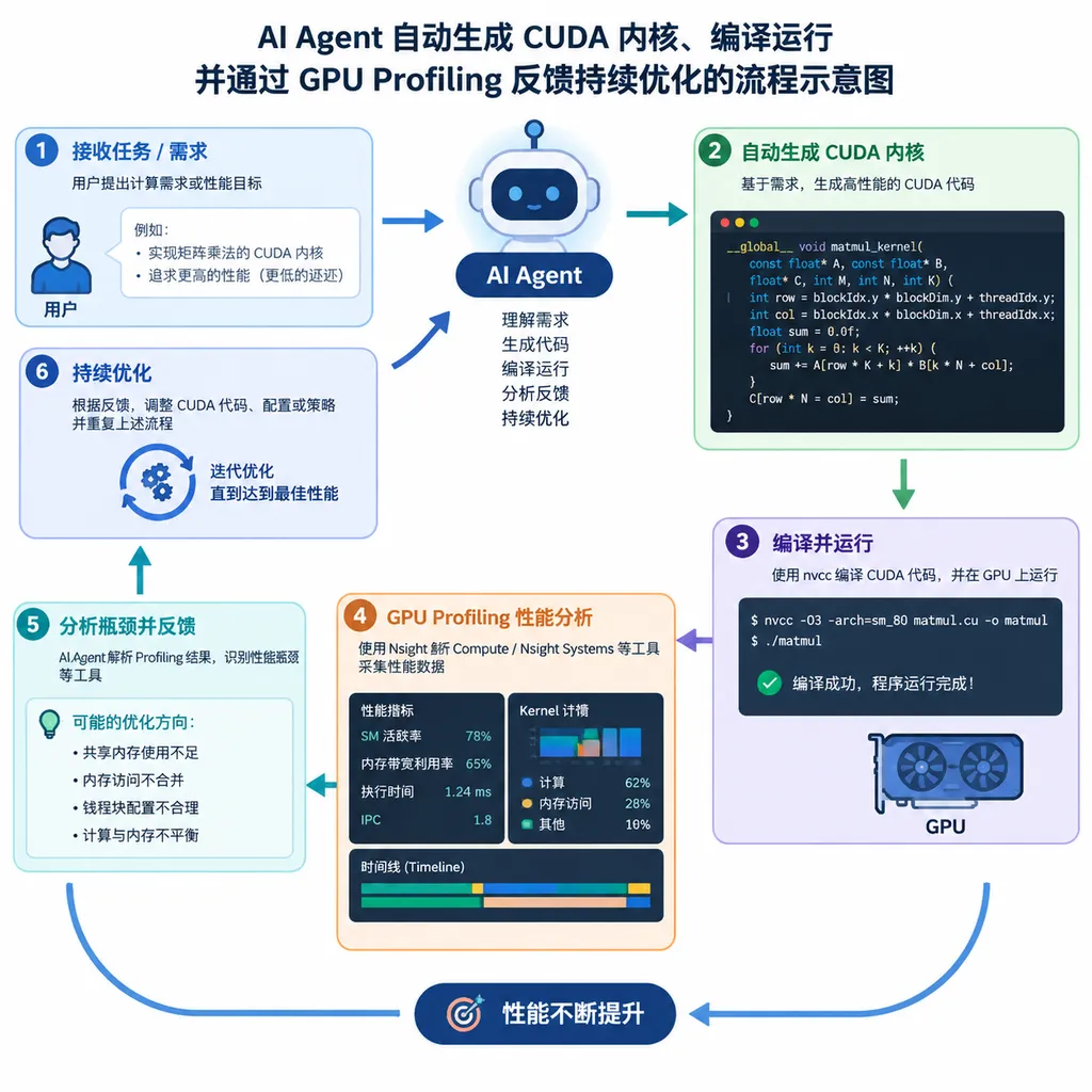 AI Agent 自动生成 CUDA 内核、编译运行并通过 GPU Profiling 反馈持续优化的流程示意图