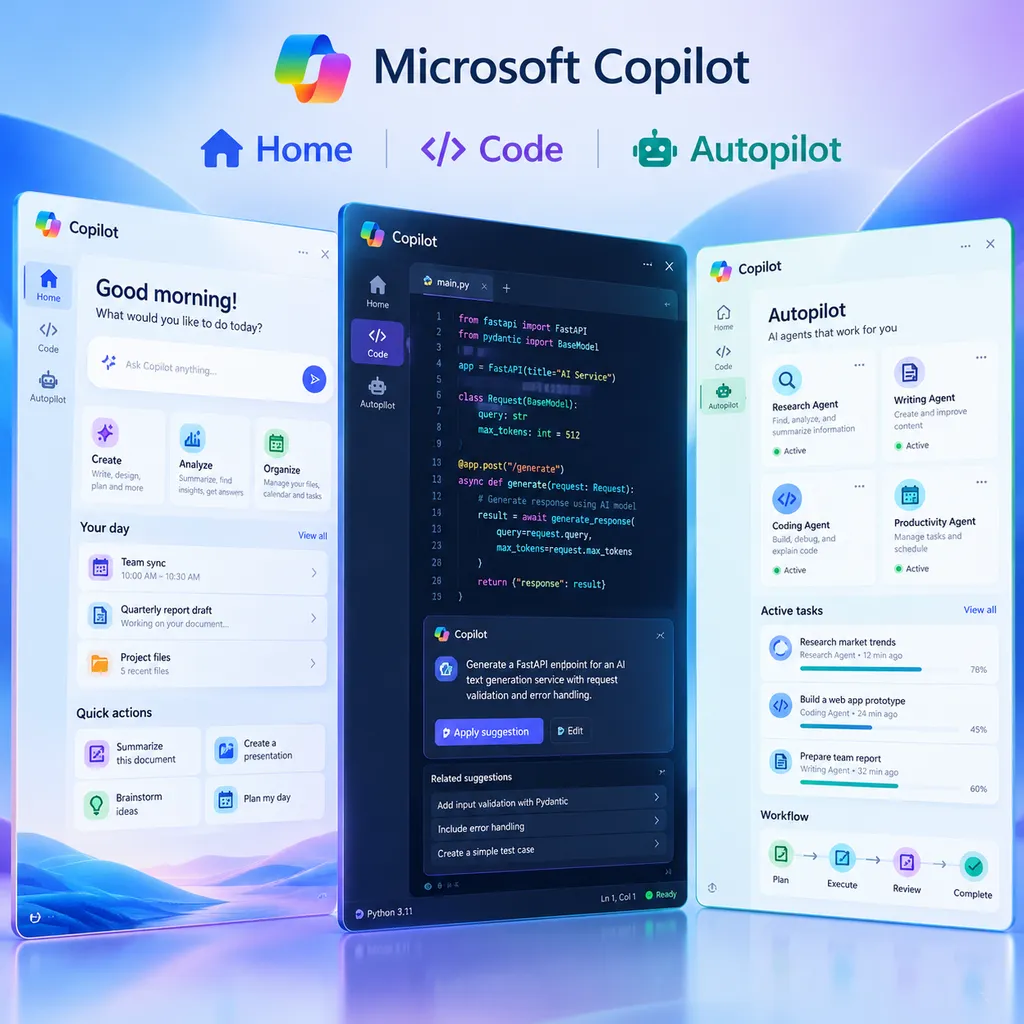 Illustration of the new Microsoft Copilot interface with the Home, Code, and Autopilot tabs