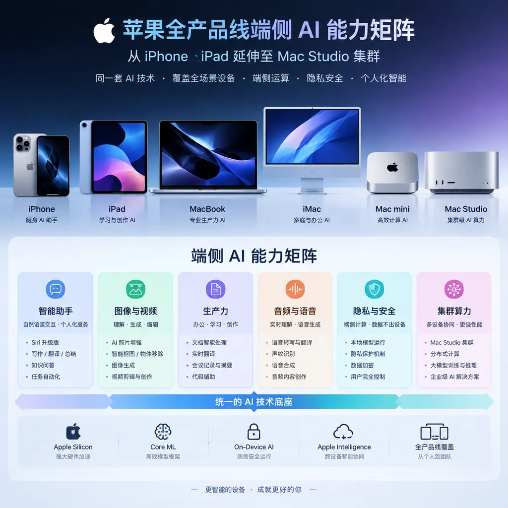 Apple's on-device AI capability matrix across its entire product line, from iPhone and iPad to Mac Studio clusters