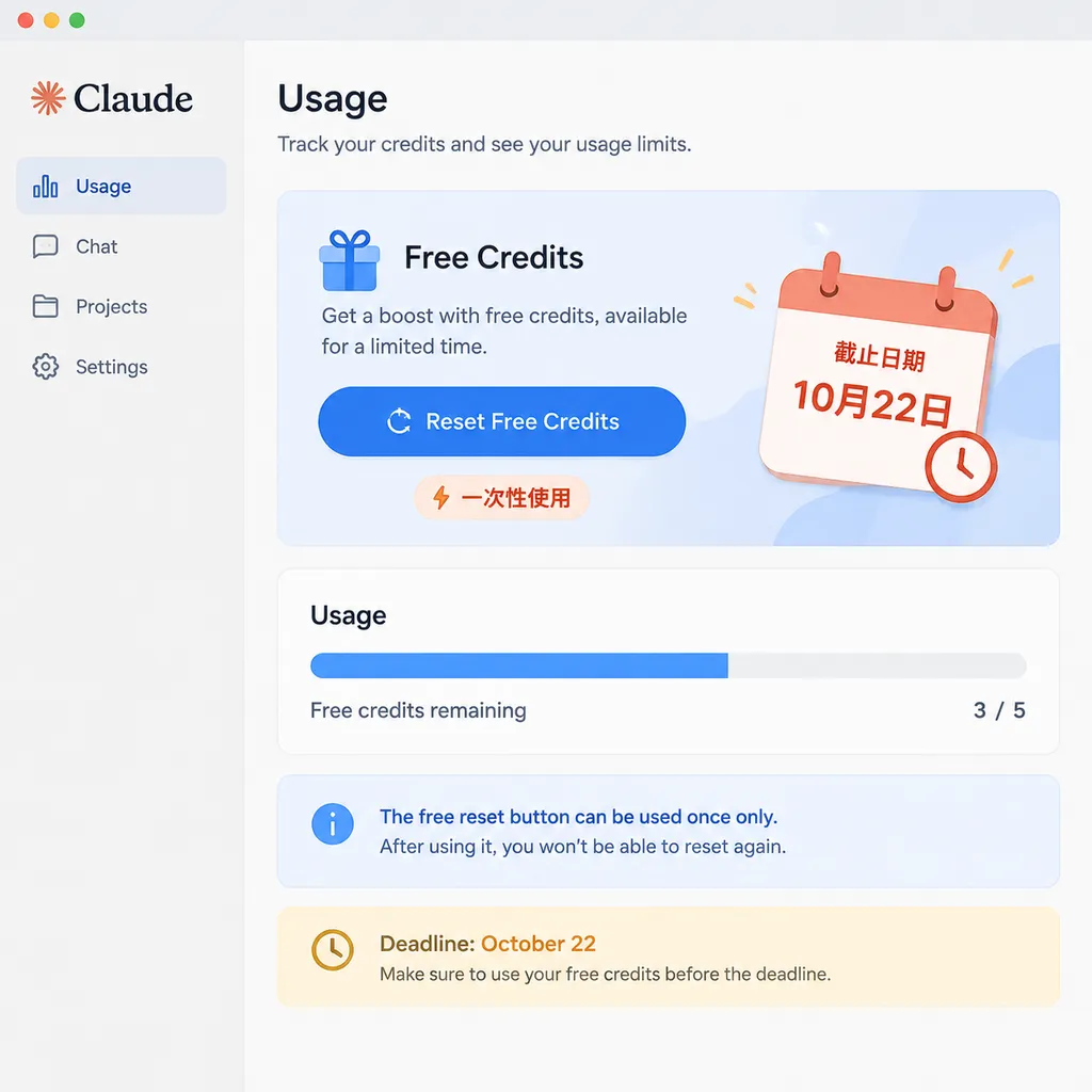Claude 使用额度页面出现免费重置按钮的界面示意图,突出“一次性使用”和10月22日截止