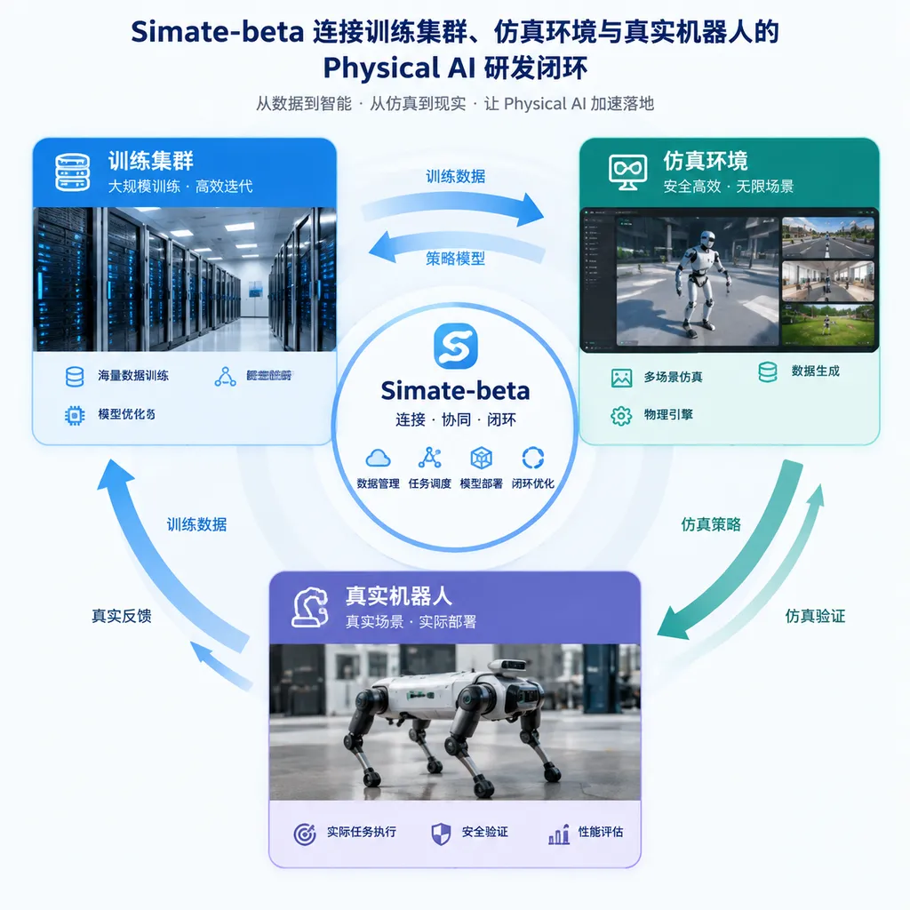 Simate-beta 连接训练集群、仿真环境与真实机器人的 Physical AI 研发闭环示意图