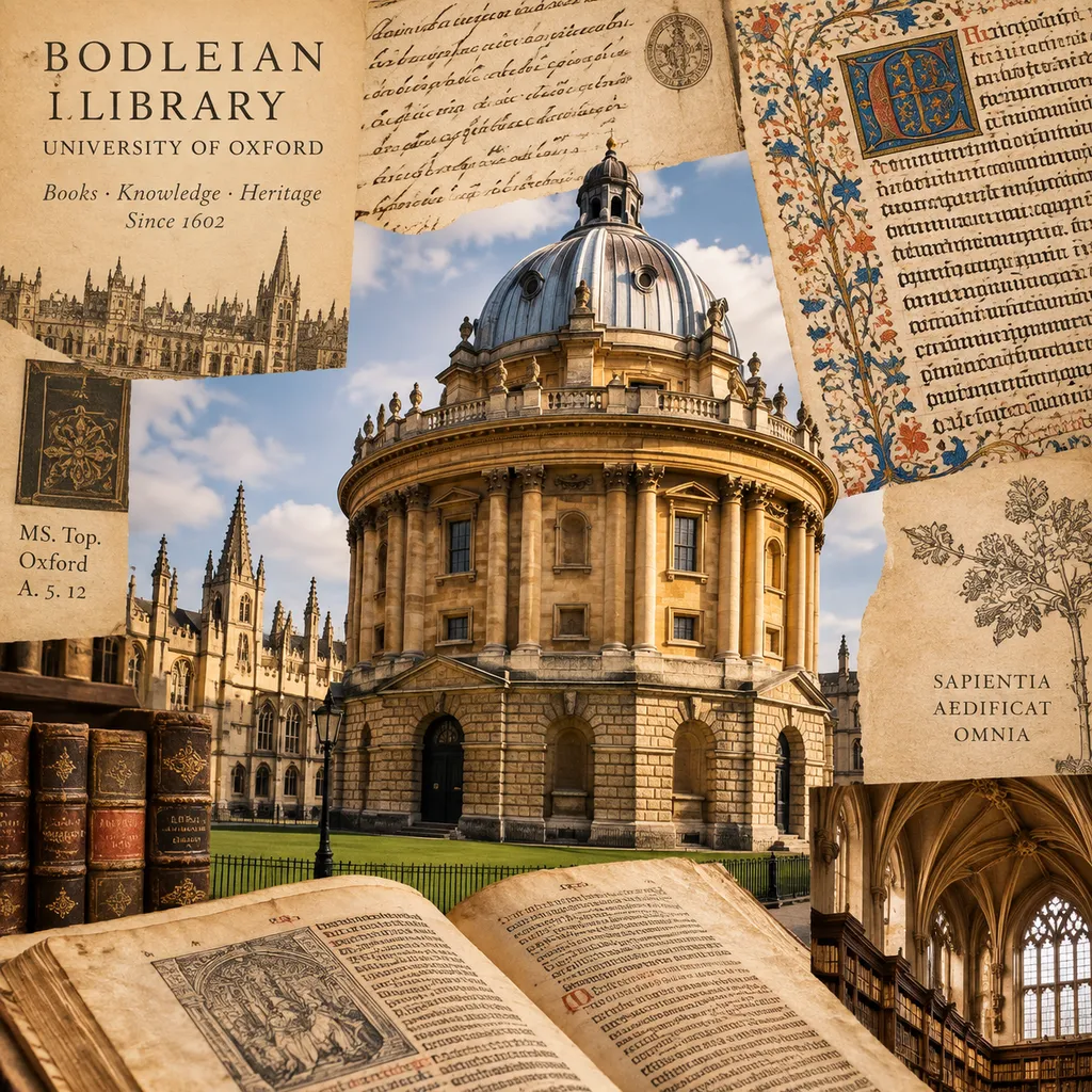 A collage of the exterior of the University of Oxford’s Bodleian Libraries and pages from historical-document scanning