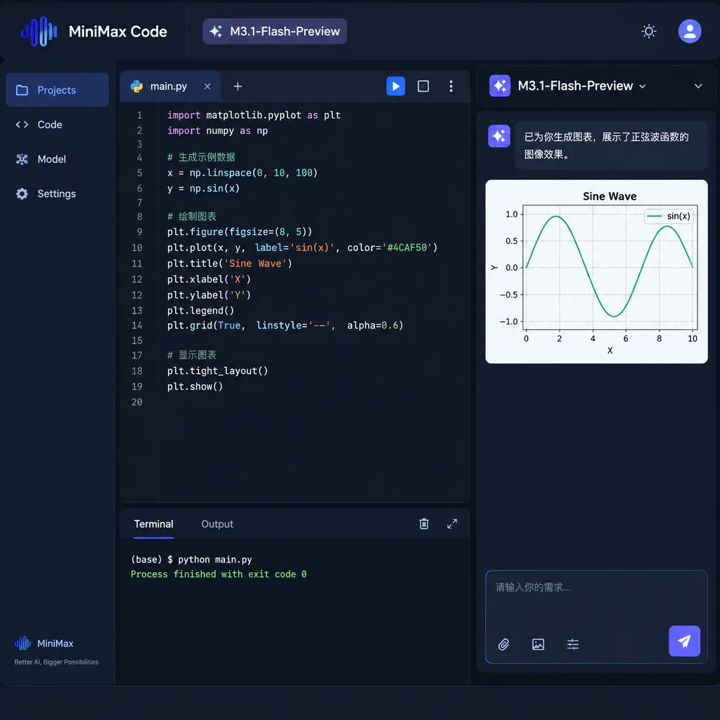 Illustration of the code development interface for MiniMax M3.1-Flash-Preview on the MiniMax Code platform