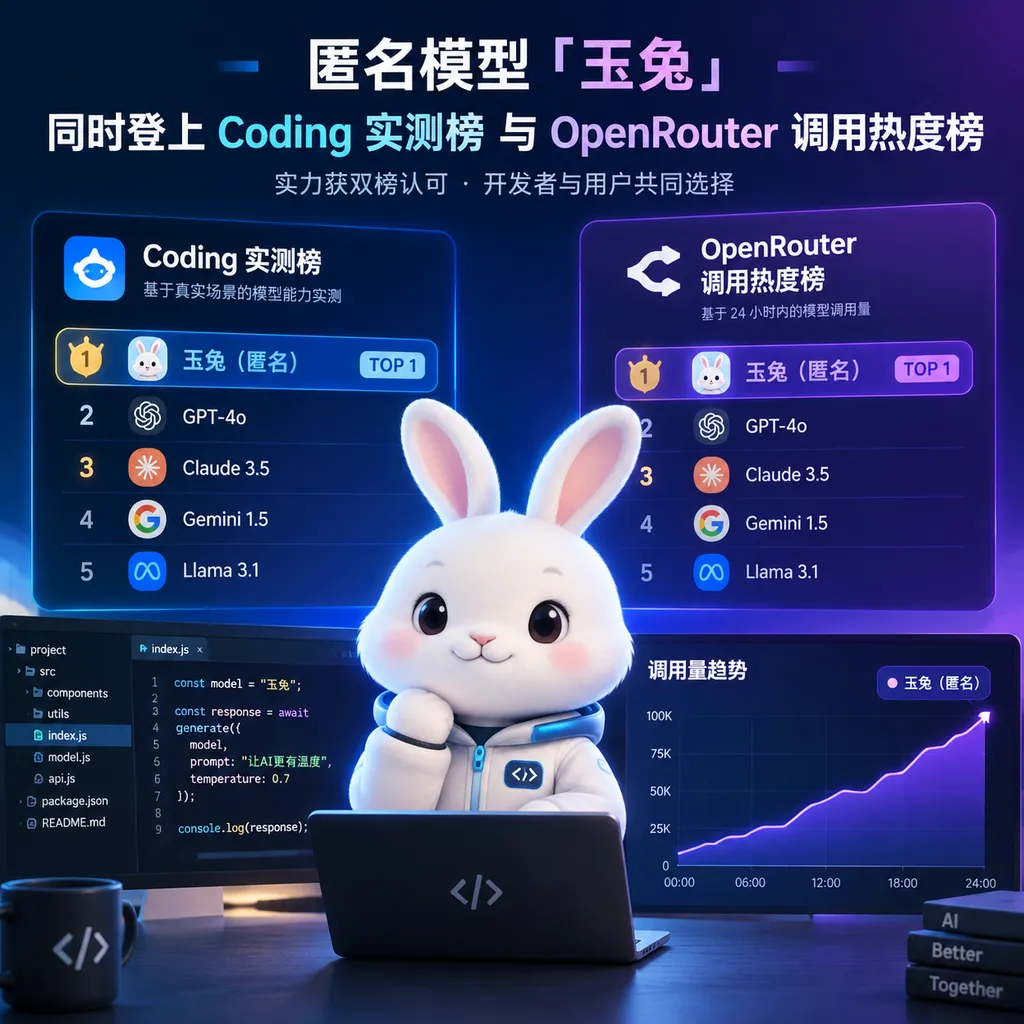 匿名模型“玉兔”同时登上 Coding 实测榜与 OpenRouter 调用热度榜的新闻配图,画面包含代码编辑器、模型排行榜和调用曲线