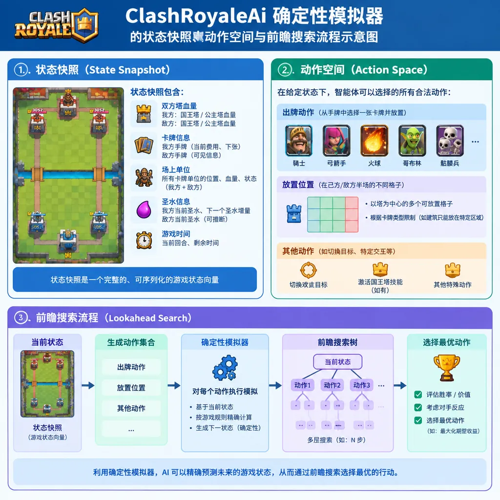 ClashRoyaleAi 确定性模拟器的状态快照、动作空间与前瞻搜索流程示意图