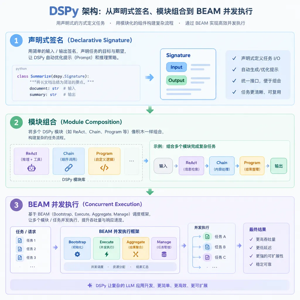 DSPy 从声明式签名、模块组合到 BEAM 并发执行的架构示意图