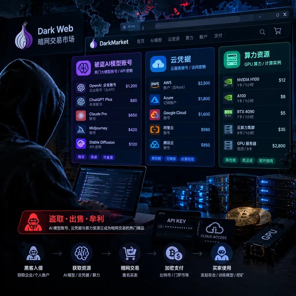 Illustration of stolen AI model accounts, cloud credentials, and computing resources being traded on a dark-web market