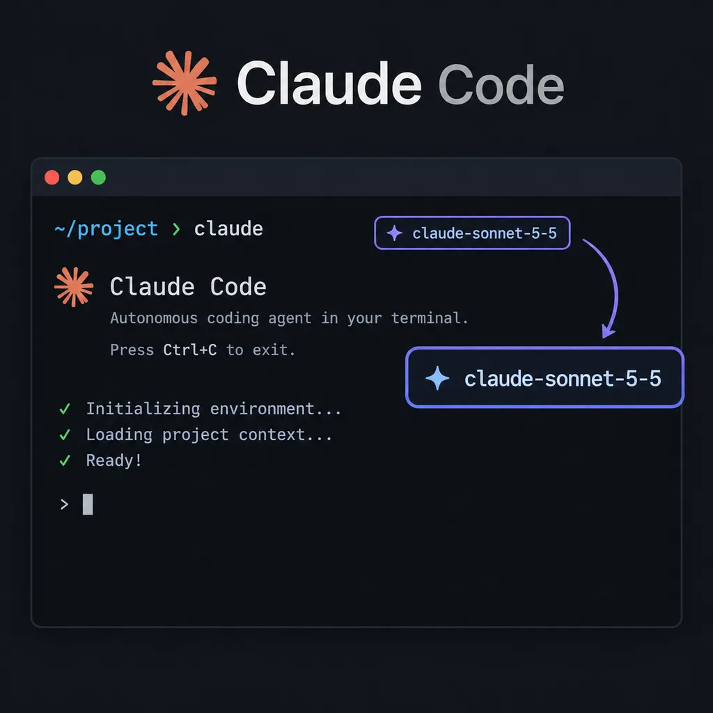 Illustration combining the Claude Code terminal interface with the claude-sonnet-5-5 model identifier