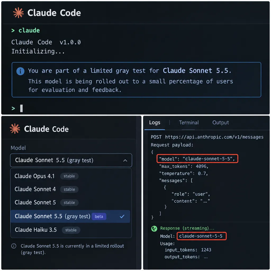 Claude Code 中疑似出现 Sonnet 5.5 灰度测试,以及 claude-sonnet-5-5 模型标识符的截图拼图