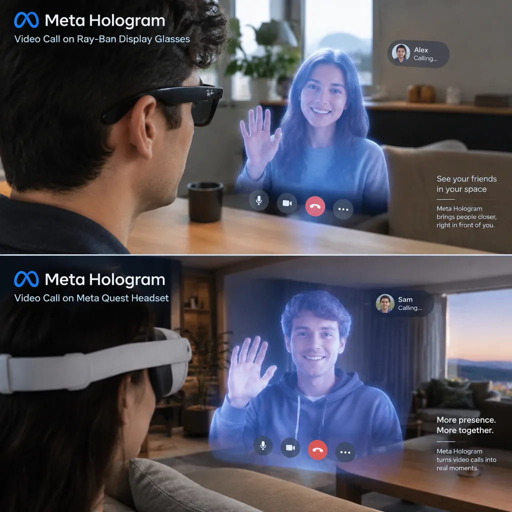 Meta Hologram在雷朋Display眼镜与Quest头显上的视频通话效果示意图