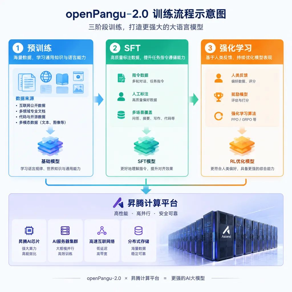 Diagram of the openPangu-2.0 training workflow, showing the three stages of pre-training, SFT, and reinforcement learning, as well as the Ascend computing platform