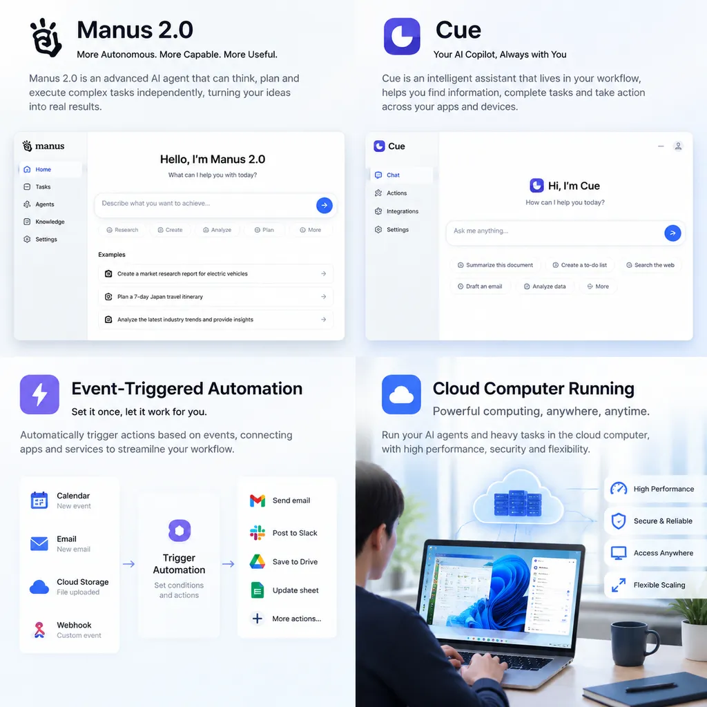 Manus 2.0 与 Cue 的产品界面、事件触发自动化和云电脑运行场景示意图