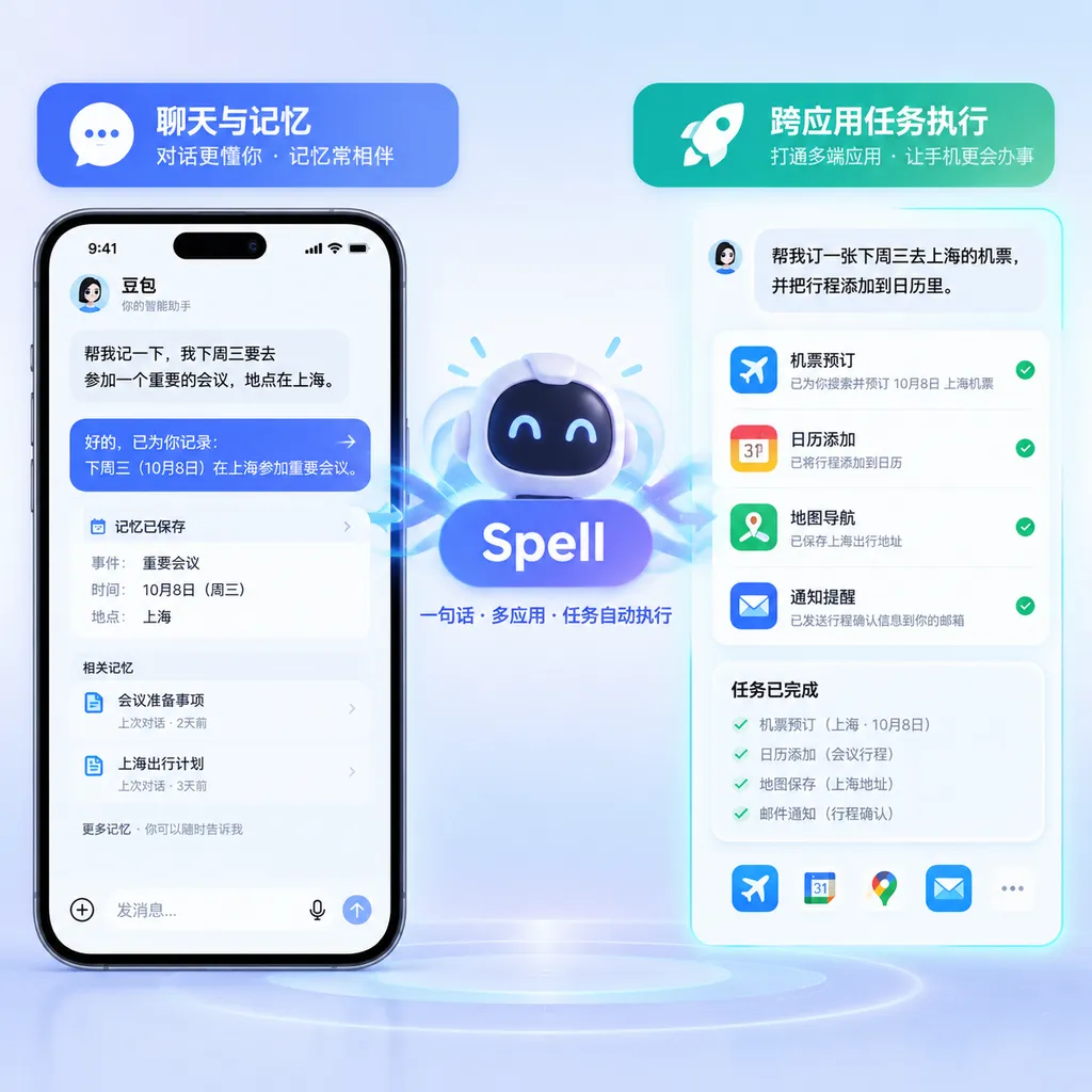 豆包App对话界面与手机Agent能力融合示意图,左侧为聊天和记忆,右侧为跨应用任务执行,中间标注Spell