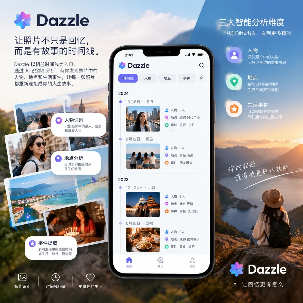 Dazzle以相册时间线为入口分析人物、地点和生活事件的产品概念图