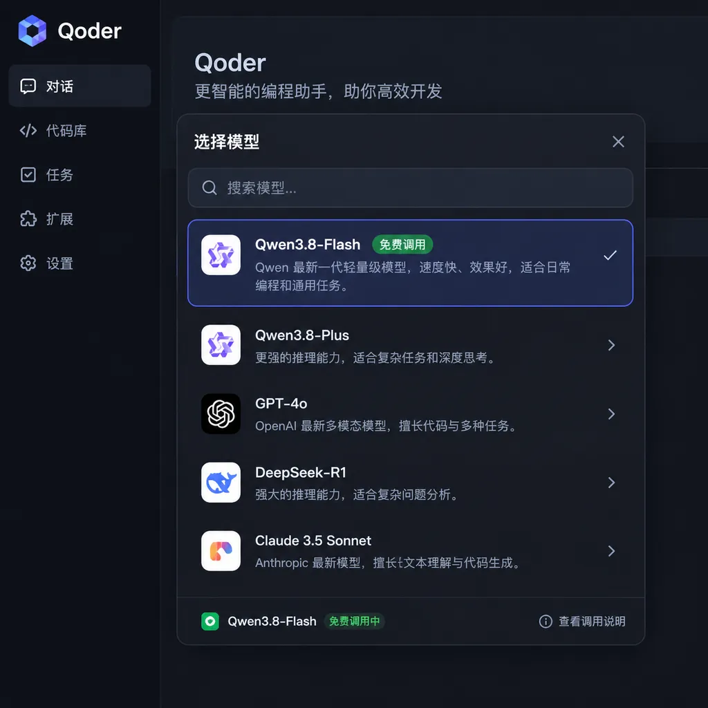 Qoder model selector showing free access to Qwen3.8-Flash
