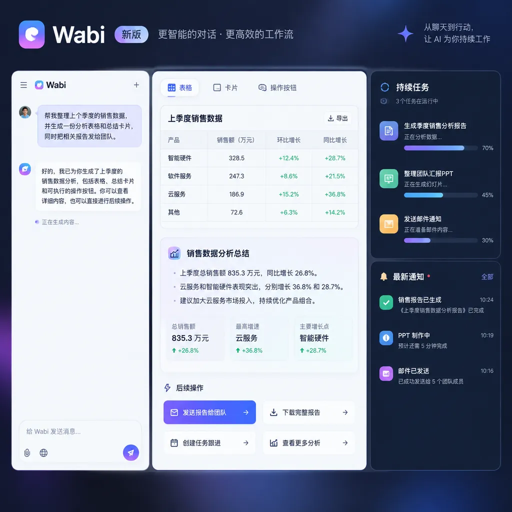 Wabi新版产品概念图,左侧是聊天消息,中间由AI生成表格、卡片和操作按钮,右侧展示持续任务的运行状态与通知