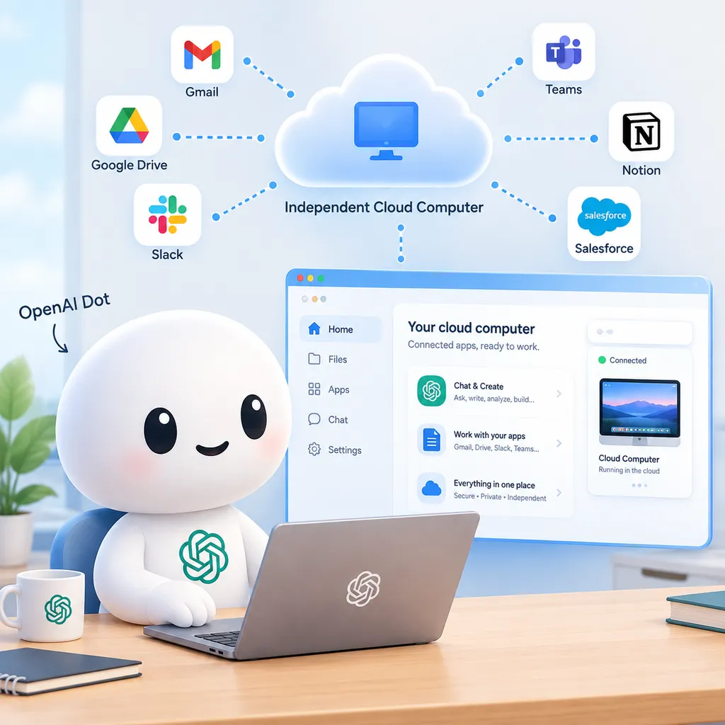 OpenAI Dot 的卡通头像与独立云端电脑、已连接应用的工作界面