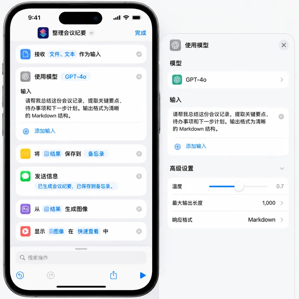 iPhone 快捷指令编辑界面,展示“使用模型”动作与后续自动化步骤