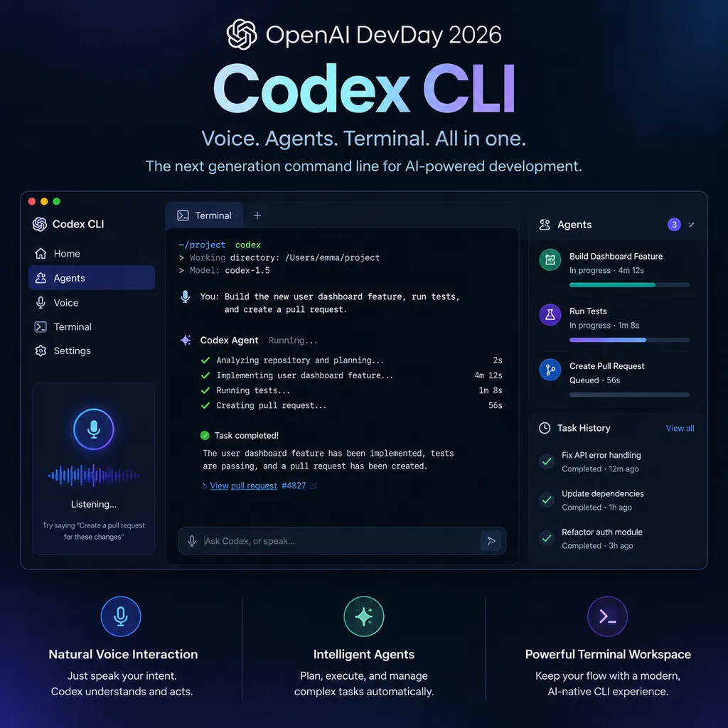 OpenAI DevDay 2026 发布的 Codex CLI 新界面,展示语音交互、Agents 任务列表与终端工作区