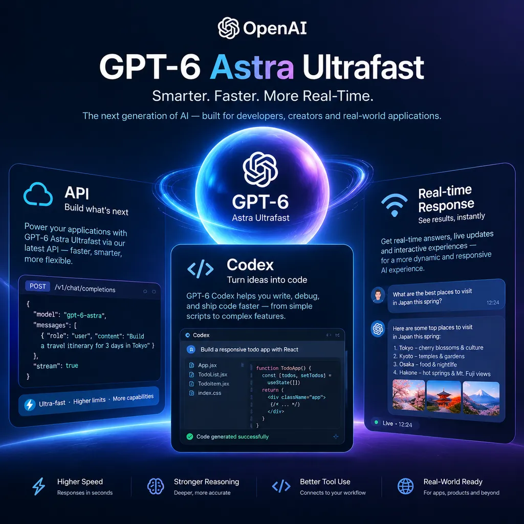Concept image for the launch of OpenAI GPT-6 Astra Ultrafast, showing API, Codex, and real-time response scenarios