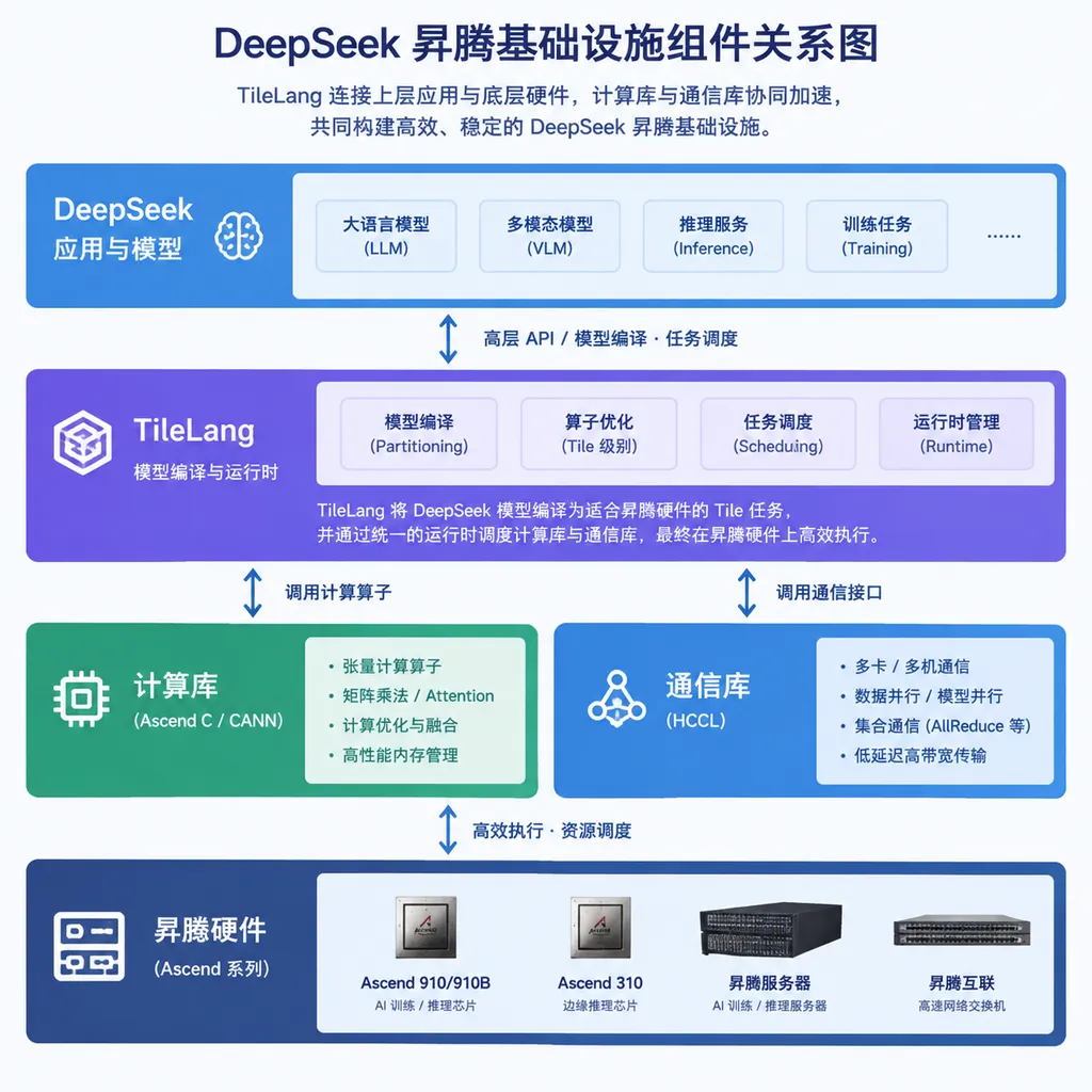 Diagram of DeepSeek's Ascend infrastructure components, showing the relationship between TileLang, computational libraries, communication libraries, and Ascend hardware