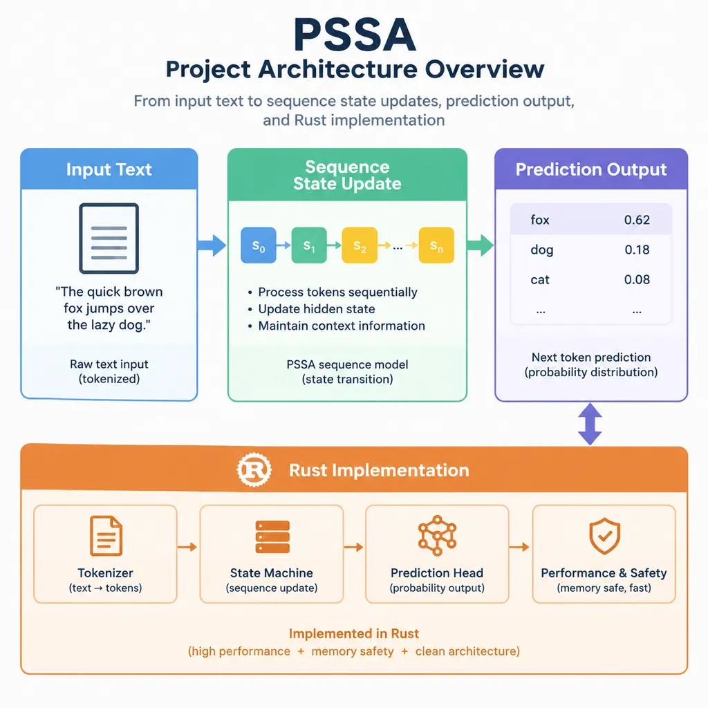 PSSA 项目架构示意图,展示输入文本、序列状态更新、预测输出和 Rust 实现之间的关系