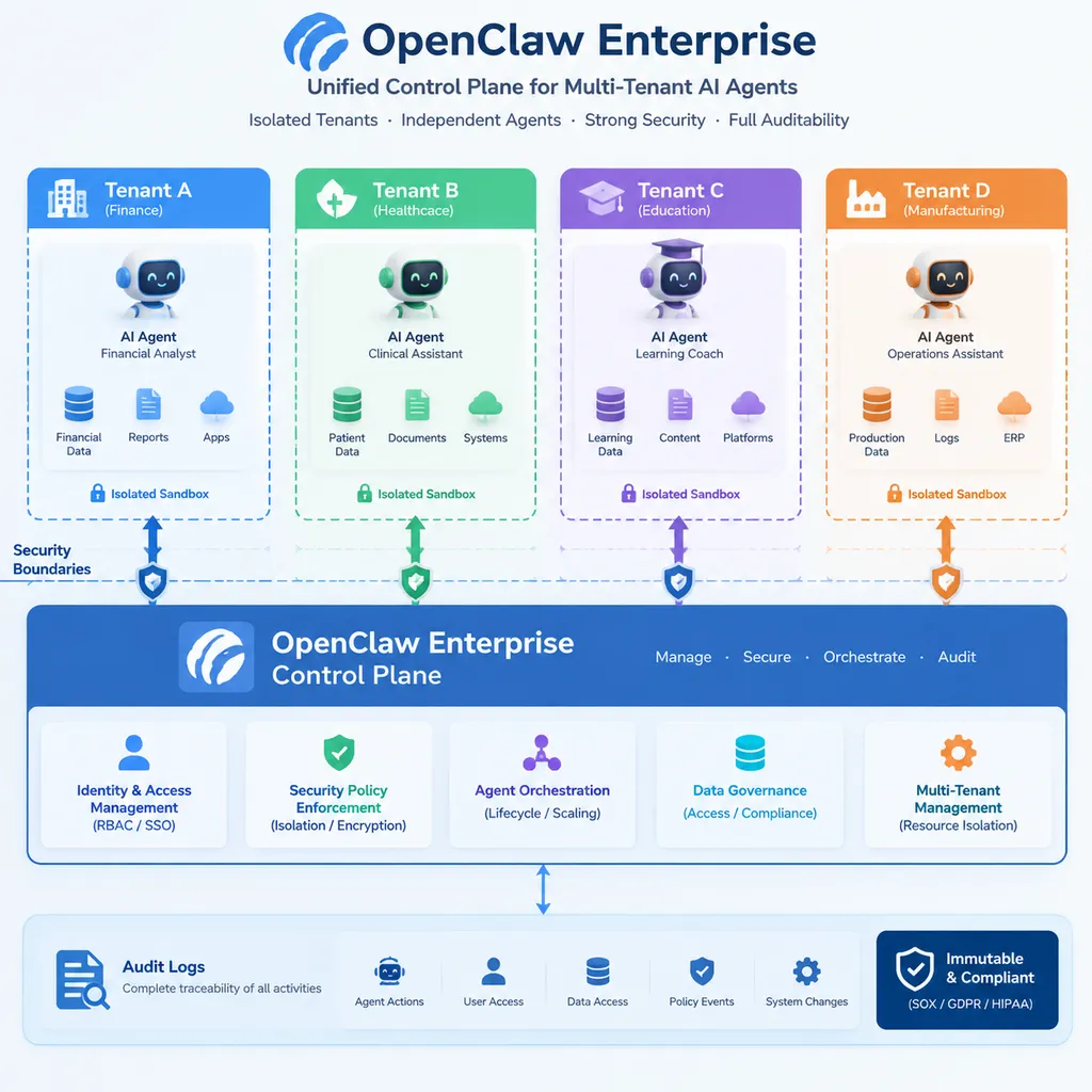 Conceptual diagram of the OpenClaw Enterprise control plane, showing multiple tenants, isolated agents, security boundaries, and audit records