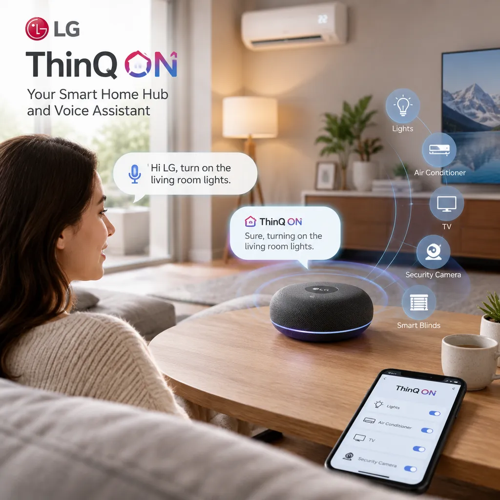 LG ThinQ ON smart home hub interacting with a voice assistant