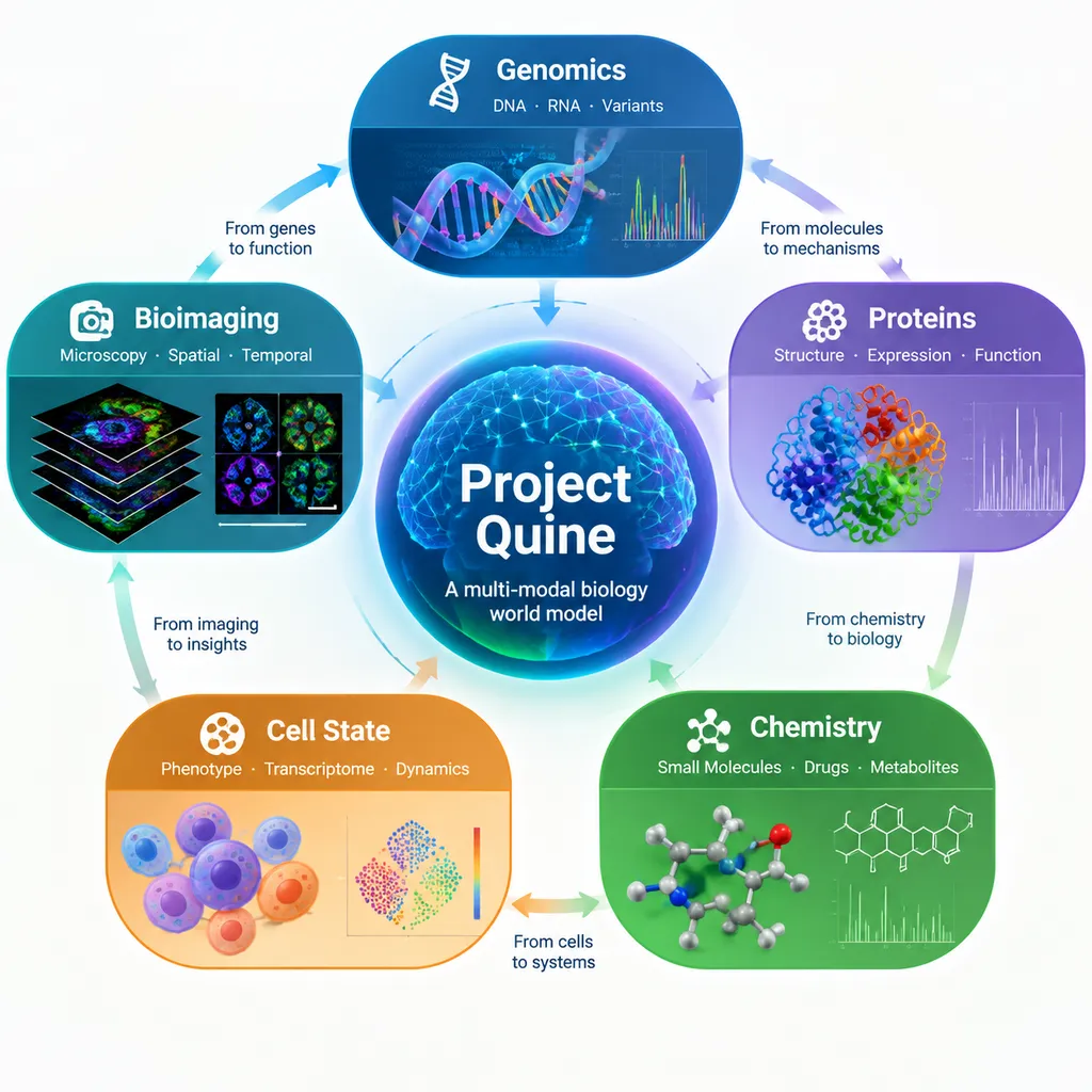 Diagram of Project Quine, a multimodal biological world model connecting genomics, proteins, chemistry, cell states, and biological imaging