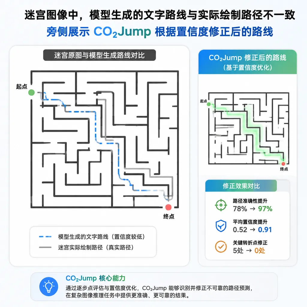 迷宫图像中,模型生成的文字路线与实际绘制路径不一致,旁侧展示 CO₂Jump 根据置信度修正后的路线