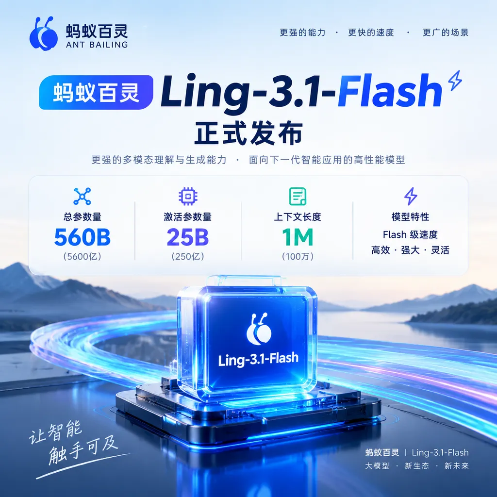 蚂蚁百灵 Ling-3.1-Flash 模型发布信息与 560B 总参数、25B 激活参数、1M 上下文等核心参数示意图