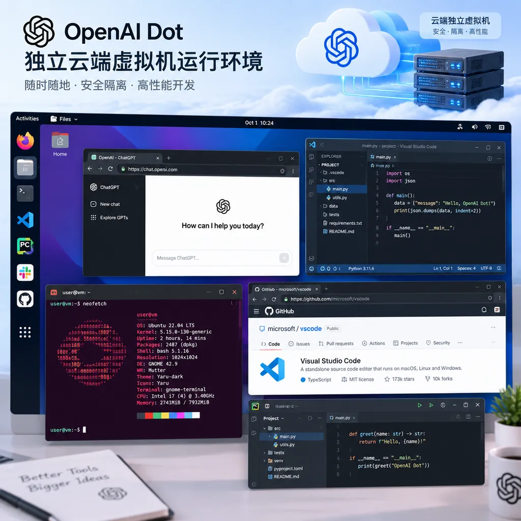 Illustration of OpenAI Dot’s standalone cloud virtual machine environment, showing a Linux desktop, browser, terminal, and multiple development tool windows