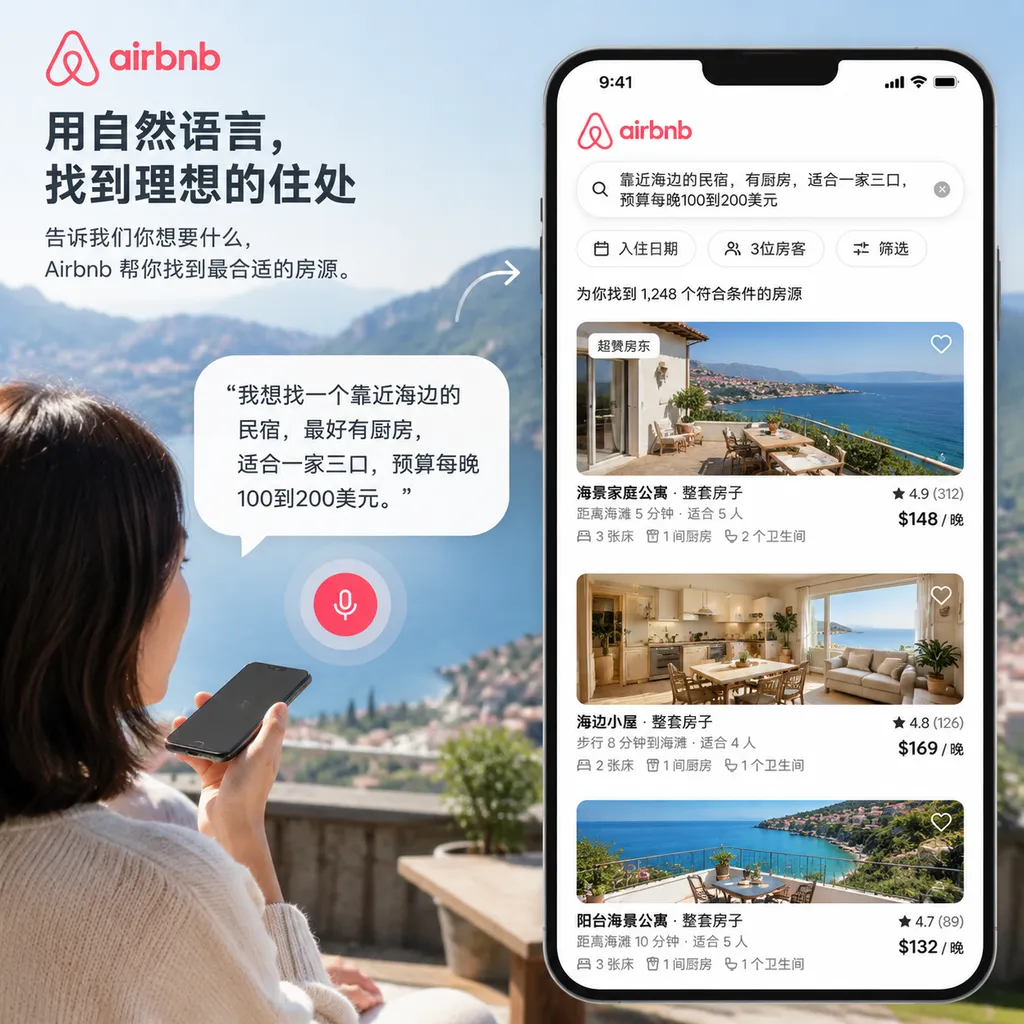 Airbnb自然语言搜索示意,展示用户以一句话描述住宿需求,以及系统返回的房源结果