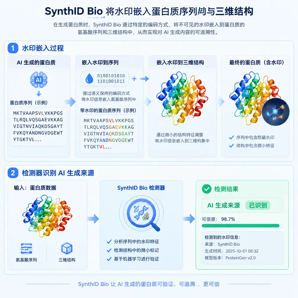 SynthID Bio将水印嵌入蛋白质序列与三维结构,并通过检测器识别AI生成来源的示意图