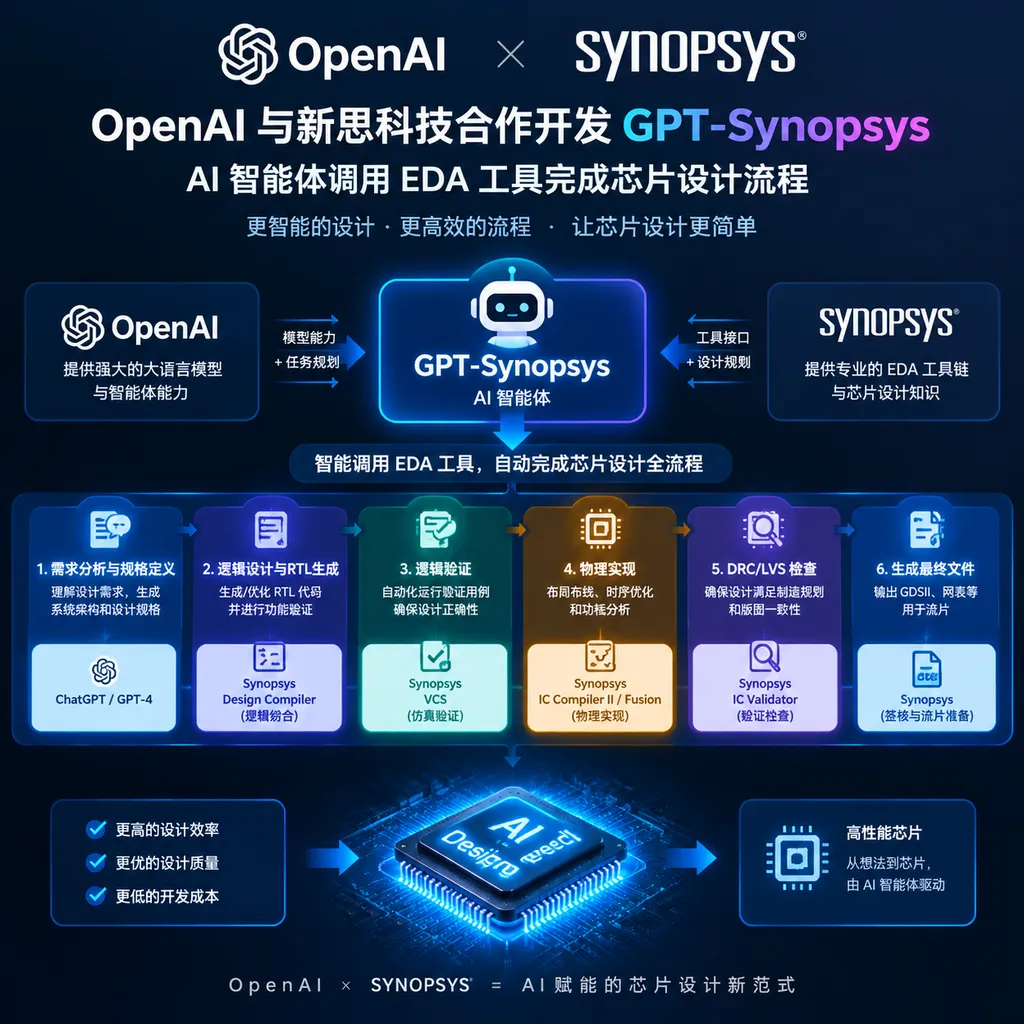 Schematic diagram of OpenAI and Synopsys jointly developing GPT-Synopsys, with AI agents invoking EDA tools to complete the chip design process