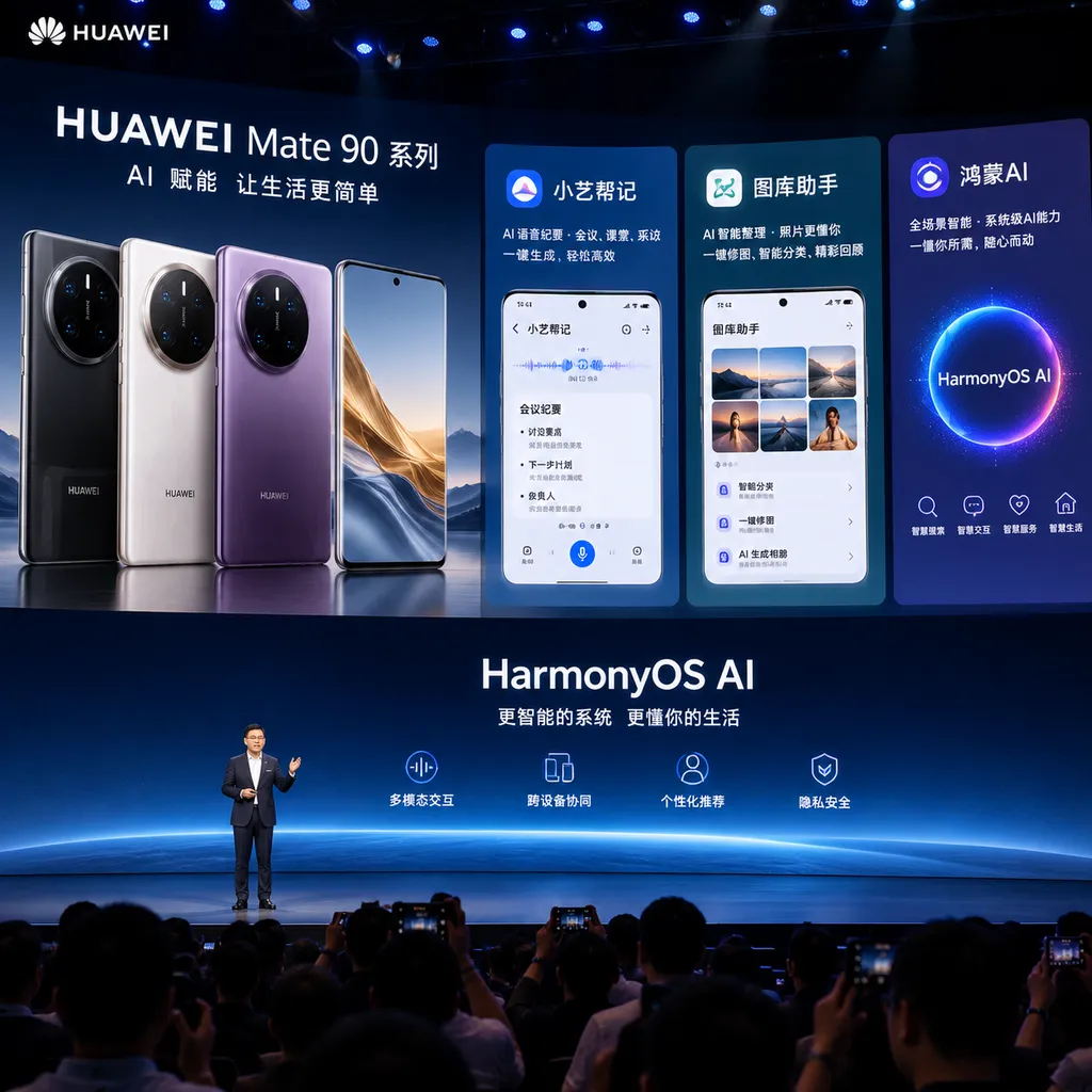 华为Mate 90系列展示小艺帮记、图库助手与鸿蒙AI功能的发布会现场或产品界面
