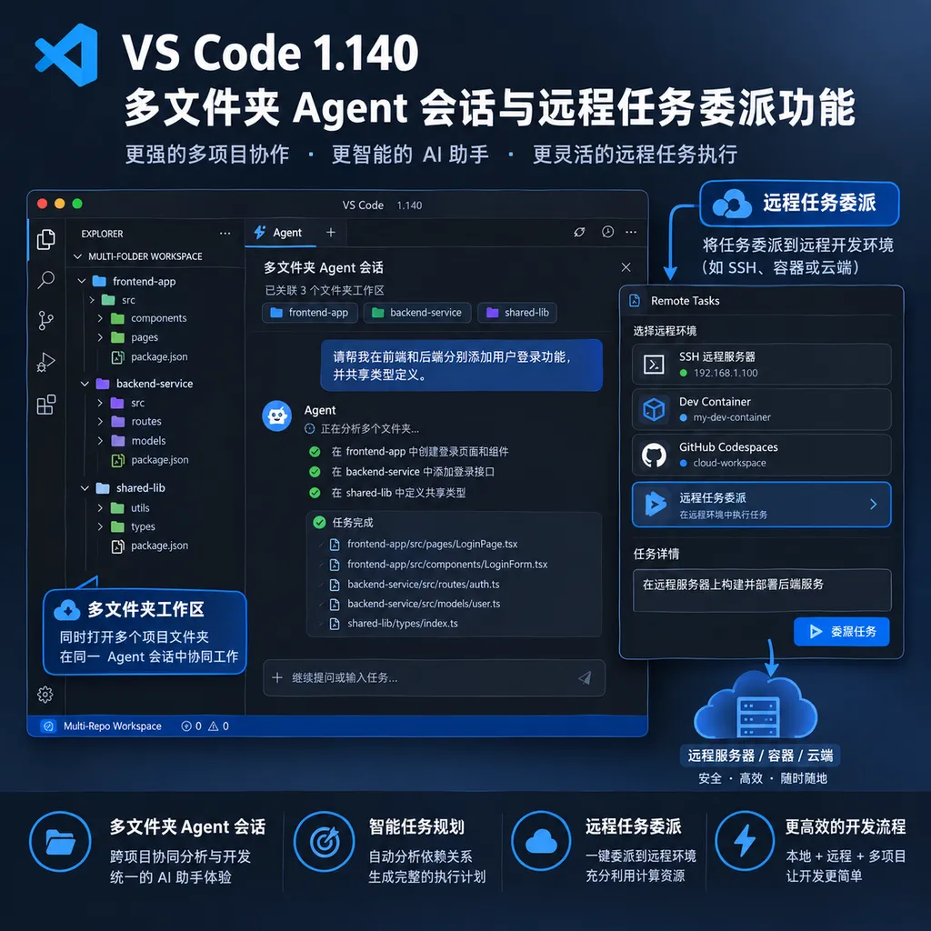 Illustration of multi-folder Agent sessions and remote task delegation in VS Code 1.140