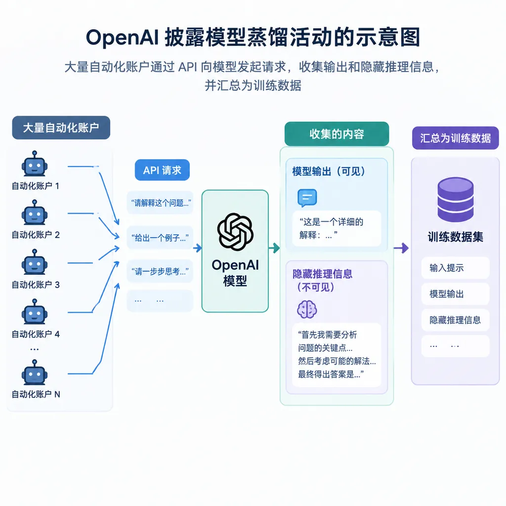 Illustration of OpenAI’s disclosure of the model-distillation campaign: large numbers of automated accounts sent requests to the model through an API, collected outputs and hidden reasoning information, and aggregated them into training data