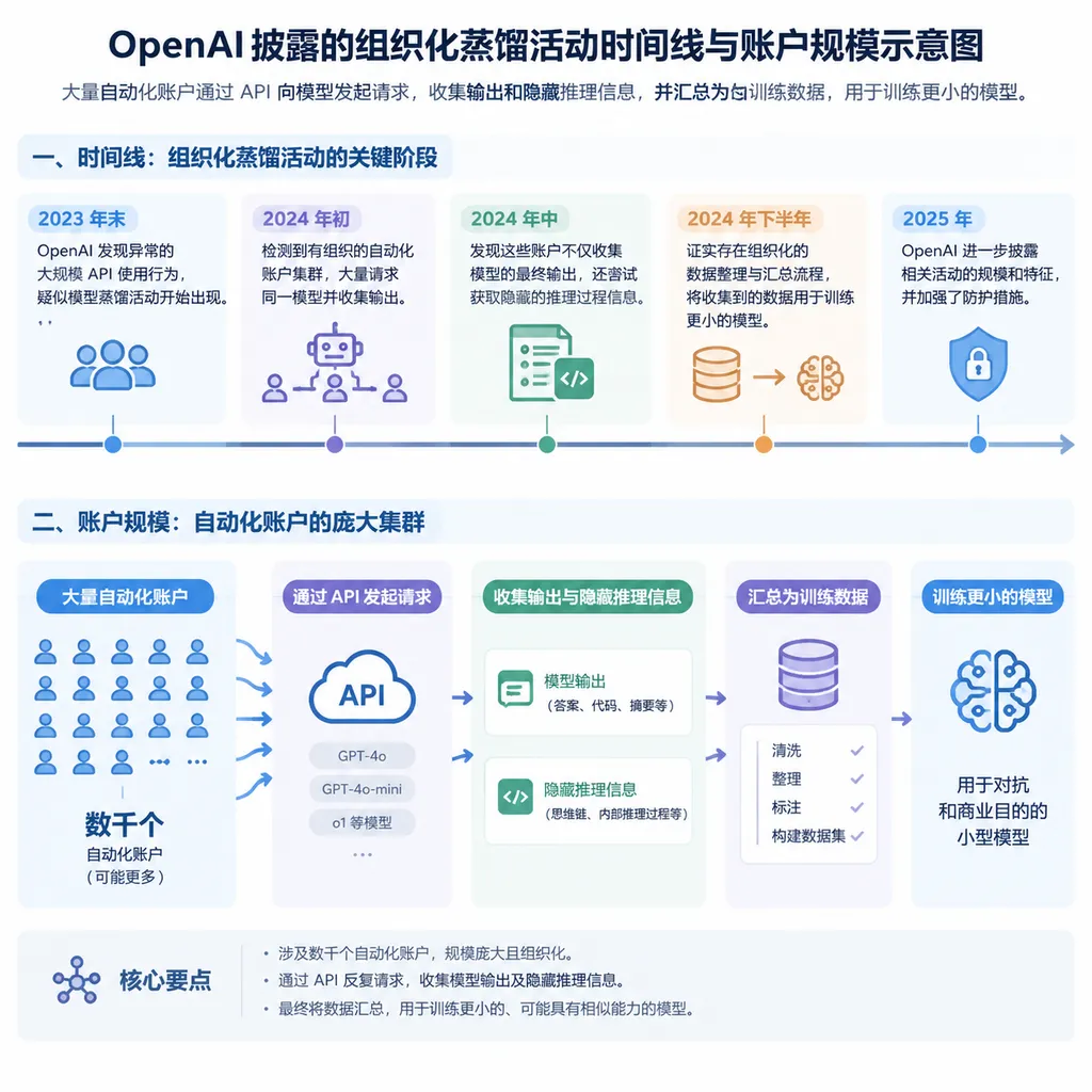 OpenAI披露的组织化蒸馏活动时间线与账户规模示意图