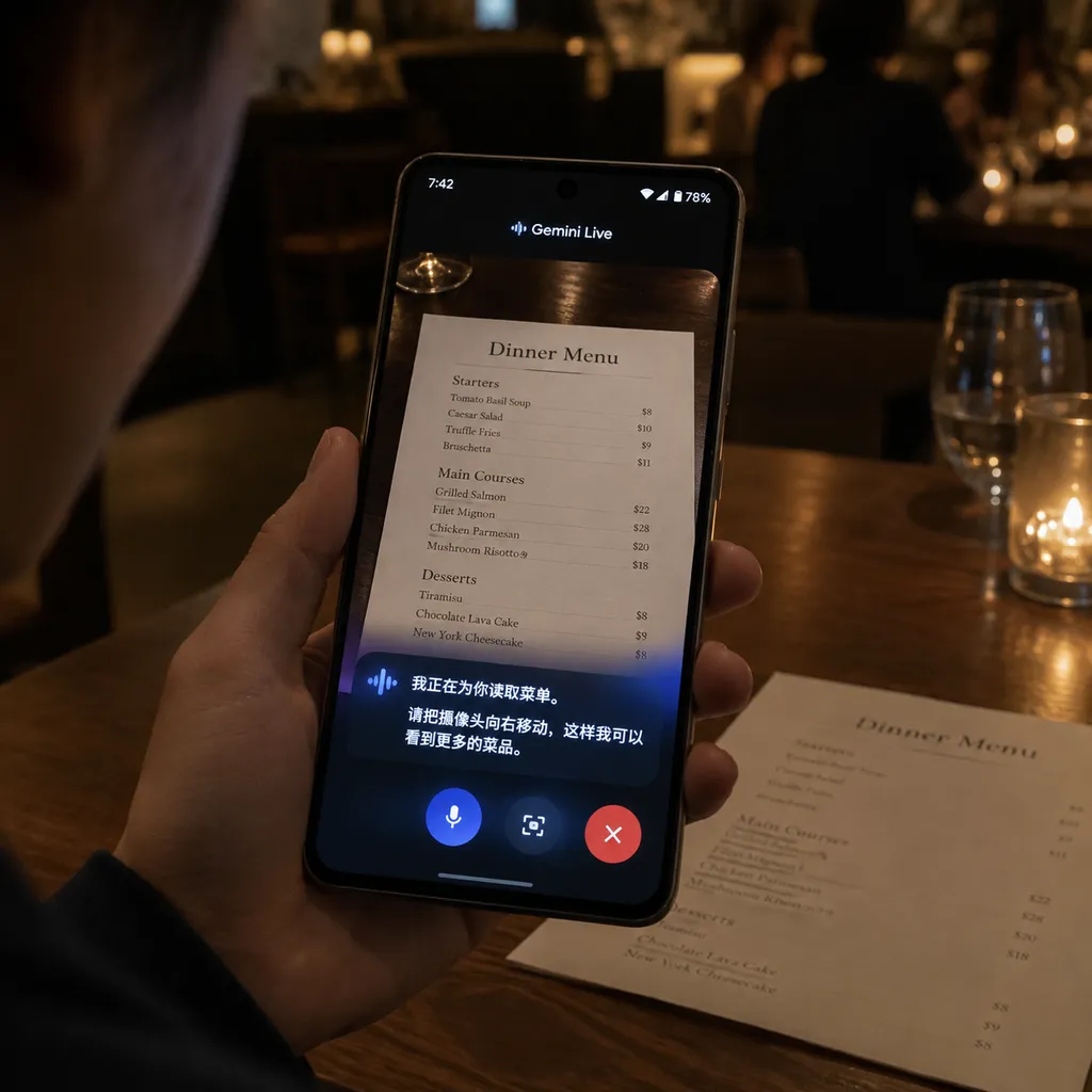 用户在昏暗餐厅中举起 Android 手机,Gemini Live 通过语音读取菜单并提示用户移动摄像头