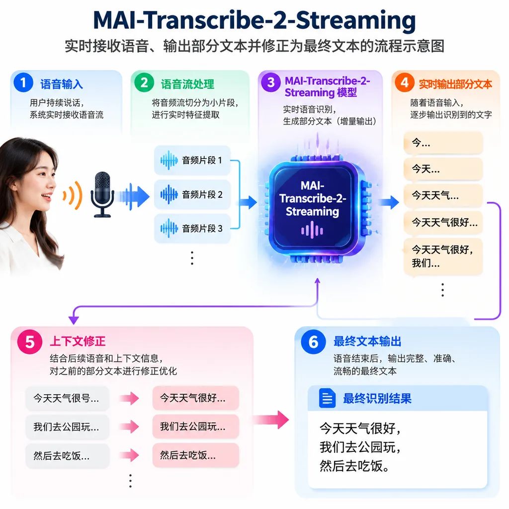 MAI-Transcribe-2-Streaming 实时接收语音、输出部分文本并修正为最终文本的流程示意图
