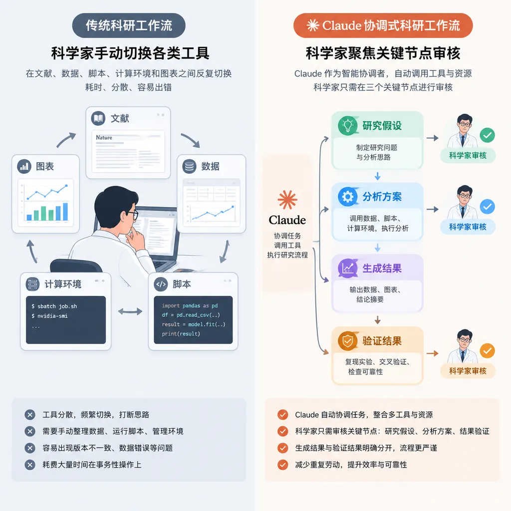 科研工作流对比图:左侧为科学家在文献、数据、脚本、计算环境和图表之间手动切换;右侧为Claude协调任务,科学家在研究假设、分析方案和结果验证三个节点进行审核。图中将“生成结果”和“验证结果”明确分开。
