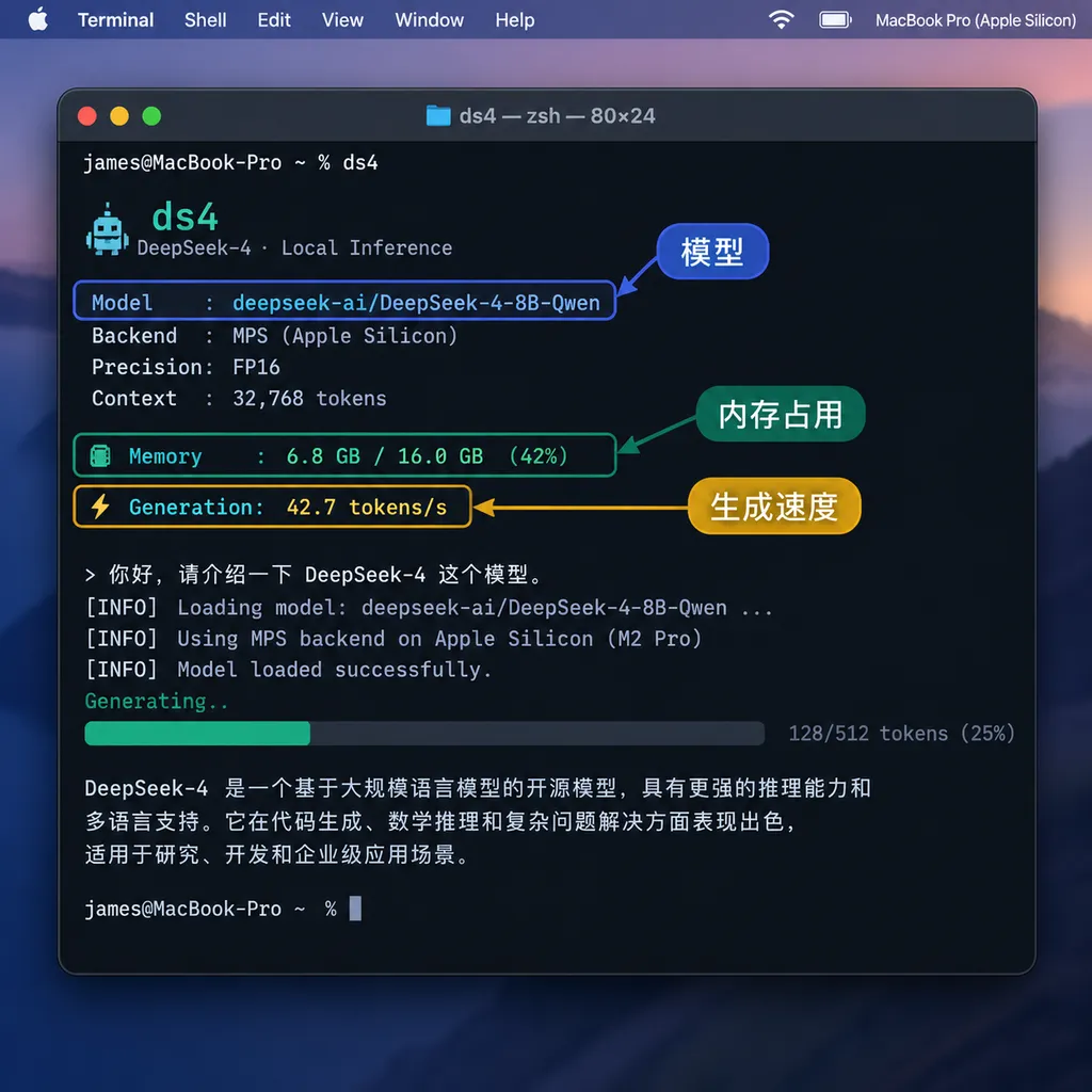 Apple Silicon Mac 上运行 ds4 的终端界面示意,标注模型、内存占用和生成速度