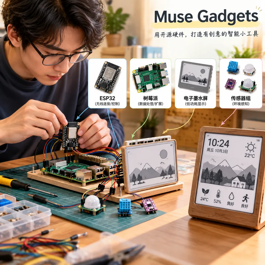 开发者使用ESP32、树莓派、电子墨水屏和传感器组装Muse Gadgets的概念图