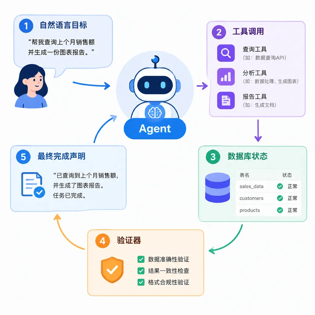 Agent执行任务链路示意图:自然语言目标、工具调用、数据库状态、验证器和最终完成声明
