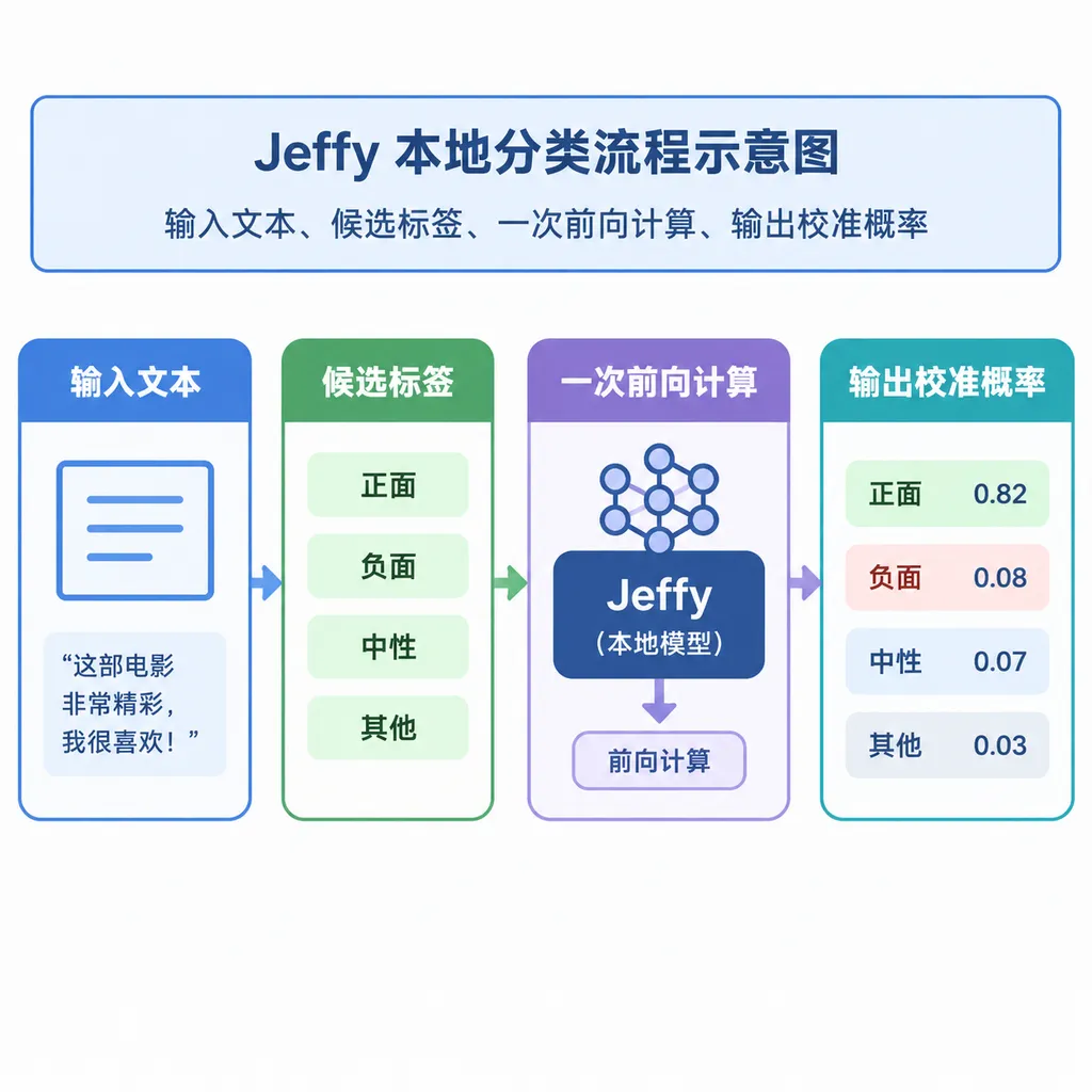 Jeffy 本地分类流程示意图:输入文本、候选标签、一次前向计算、输出校准概率